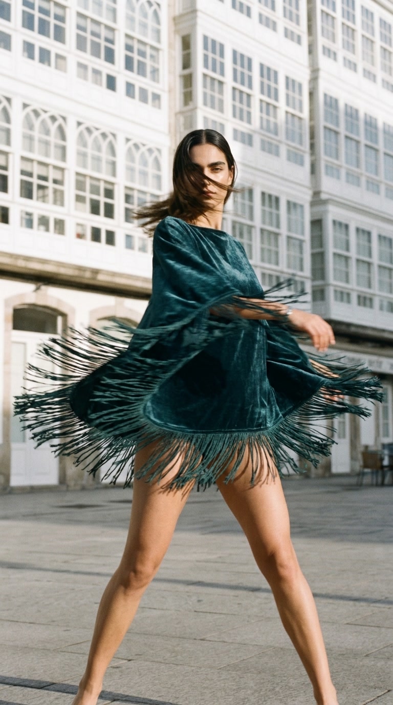 Bare Velvet worn mid-motion, the fringe following