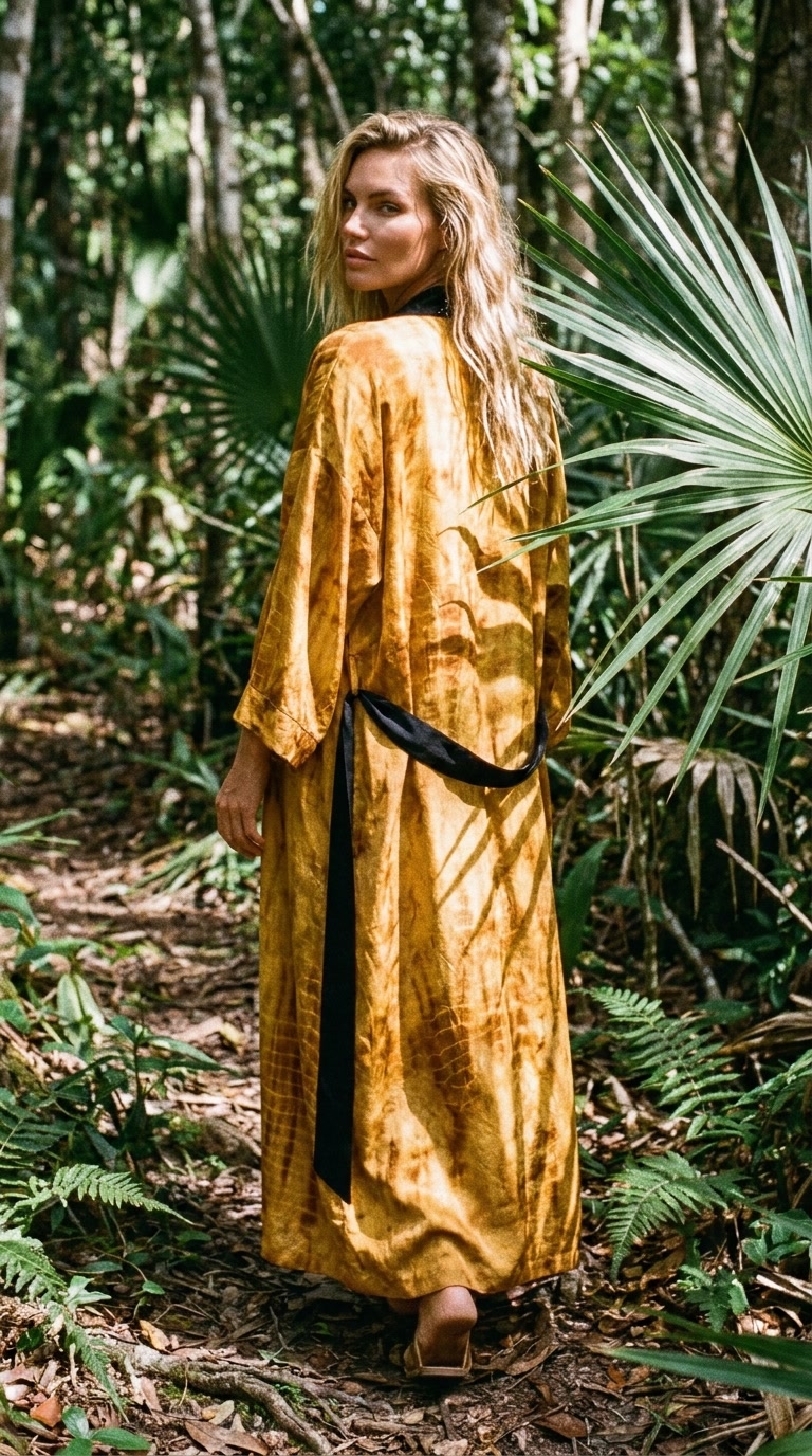 Kasumi Soul kimono in amber flux silk, deep in the jungle
